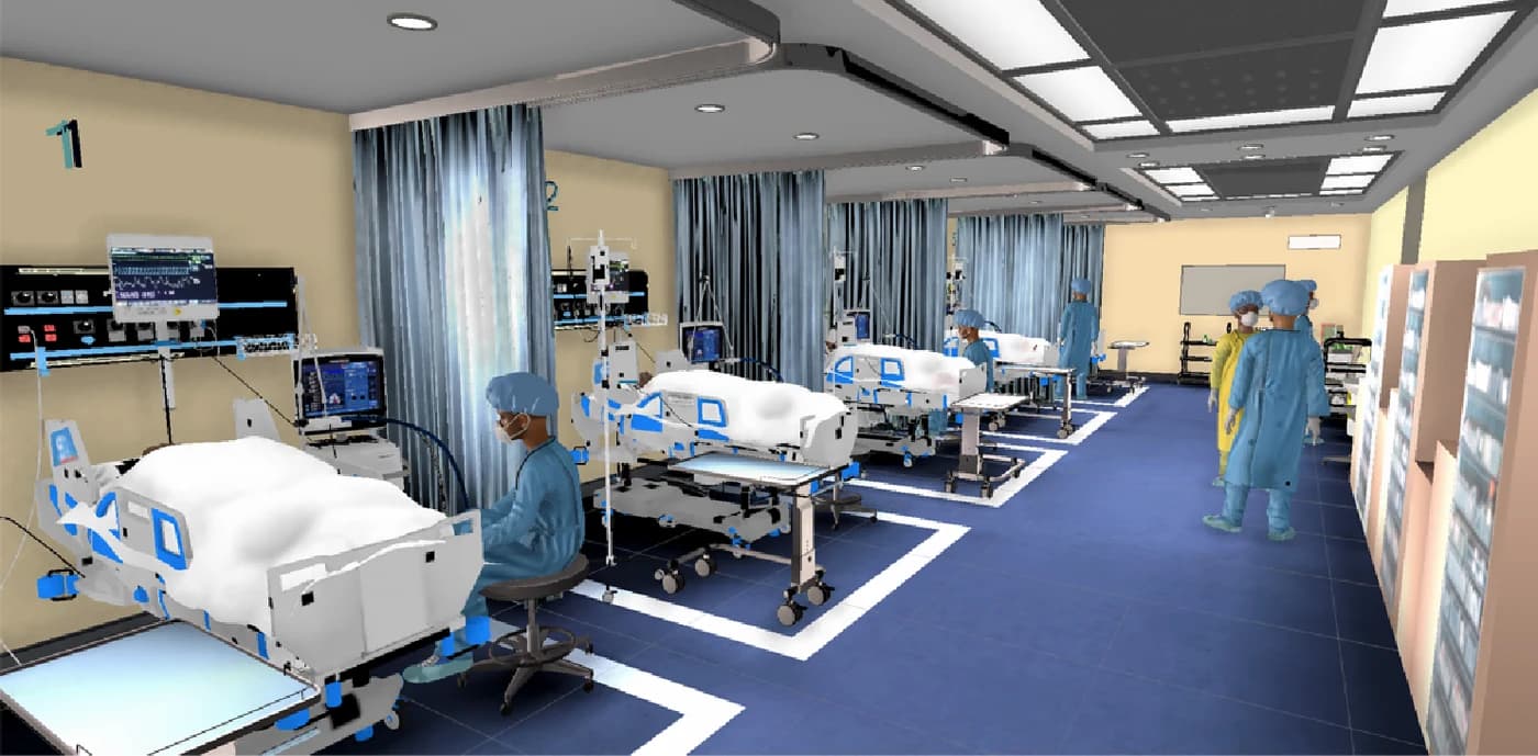 A prototype virtual intensive care unit with hospital beds and clinicians in protective equipment.